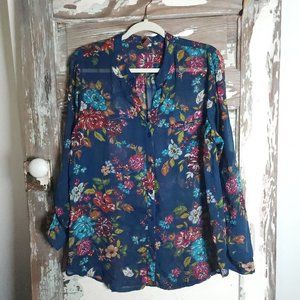 Kut From The Kloth Sheer Floral Long Sleeve Blouse Size XL Navy Blue